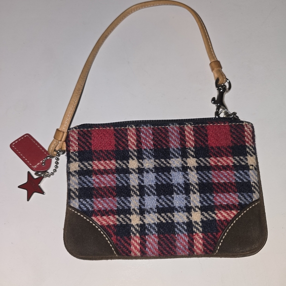 Coach Plaid Patterned Women's Bag Wristlet Wallet with Tan Handle - Picture 1 of 5